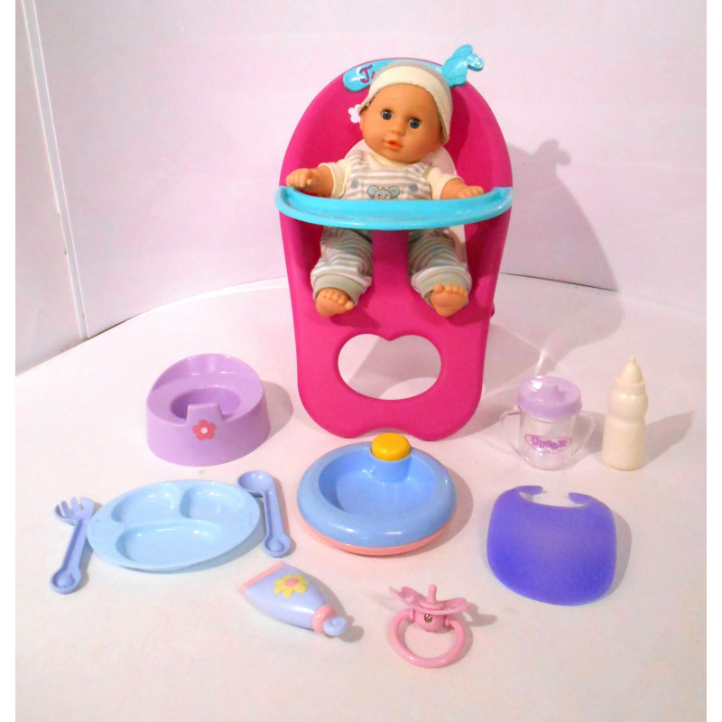 Poupon love bébé interactif  30 cm + chaise haute + accessoires
