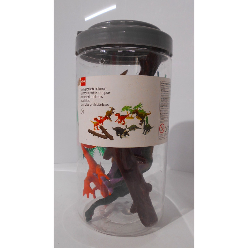 Lot de dinosaures et végétation dans seau plastique- Hema